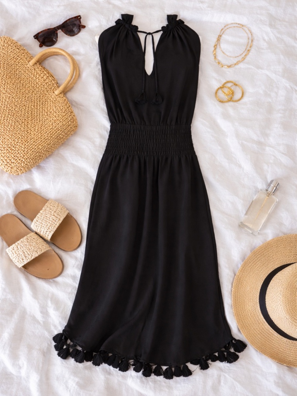 MISA Los Angeles Black Tassel Hem Smocked Waist Midi Dress XS Boho Resort